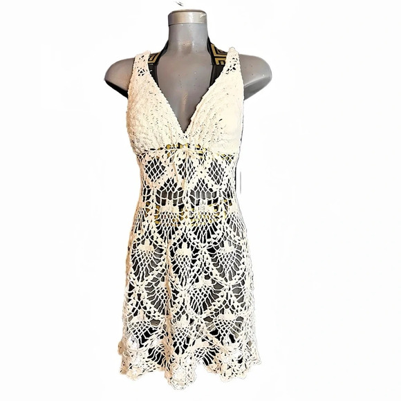 HANDMADE Beige Crocheted BEACH DRESS Adjustable Firm Fitting Light Airy SIZE S/M - Picture 1 of 3